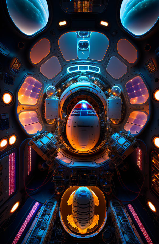 Futuristic spacecraft interior with central spherical chamber and high-tech control panels