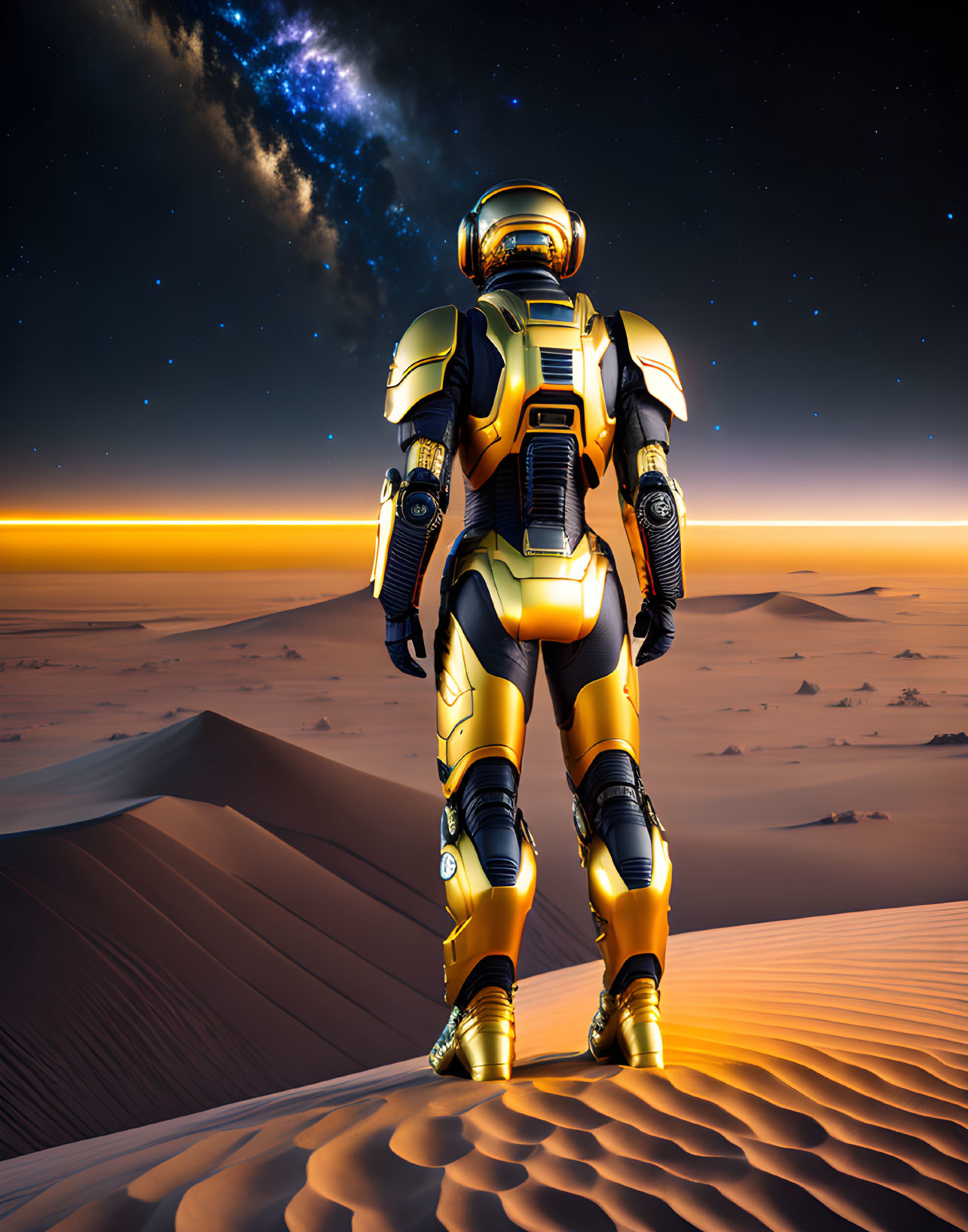 Futuristic astronaut in yellow and black suit on desert dunes at twilight