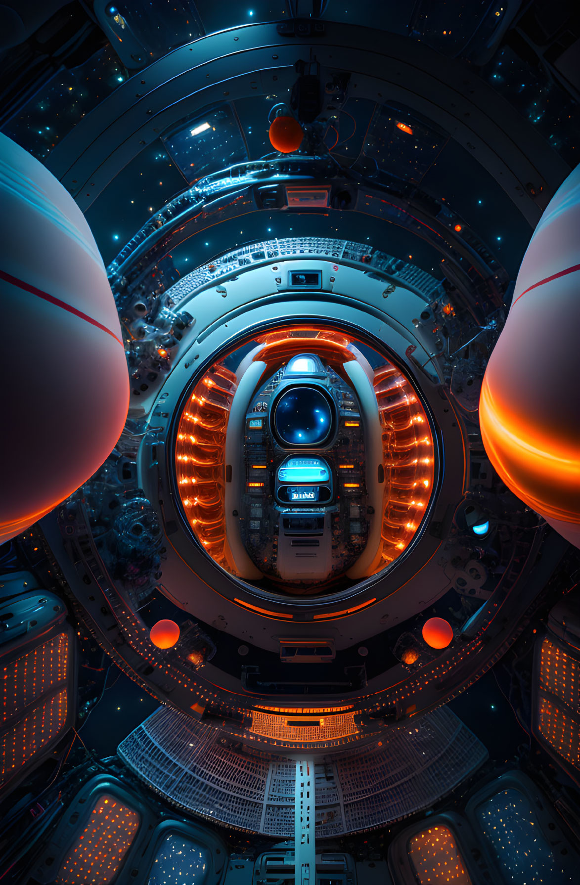 Futuristic spacecraft interior with glowing blue and orange elements