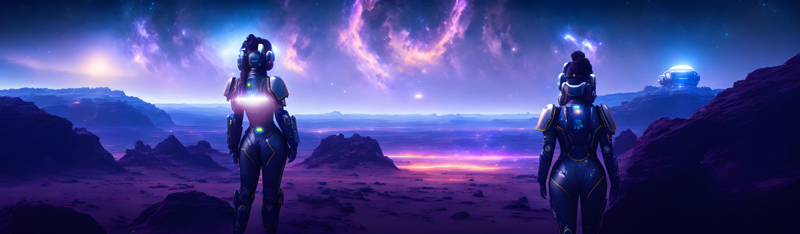 Futuristic androids on alien planet with purple skies