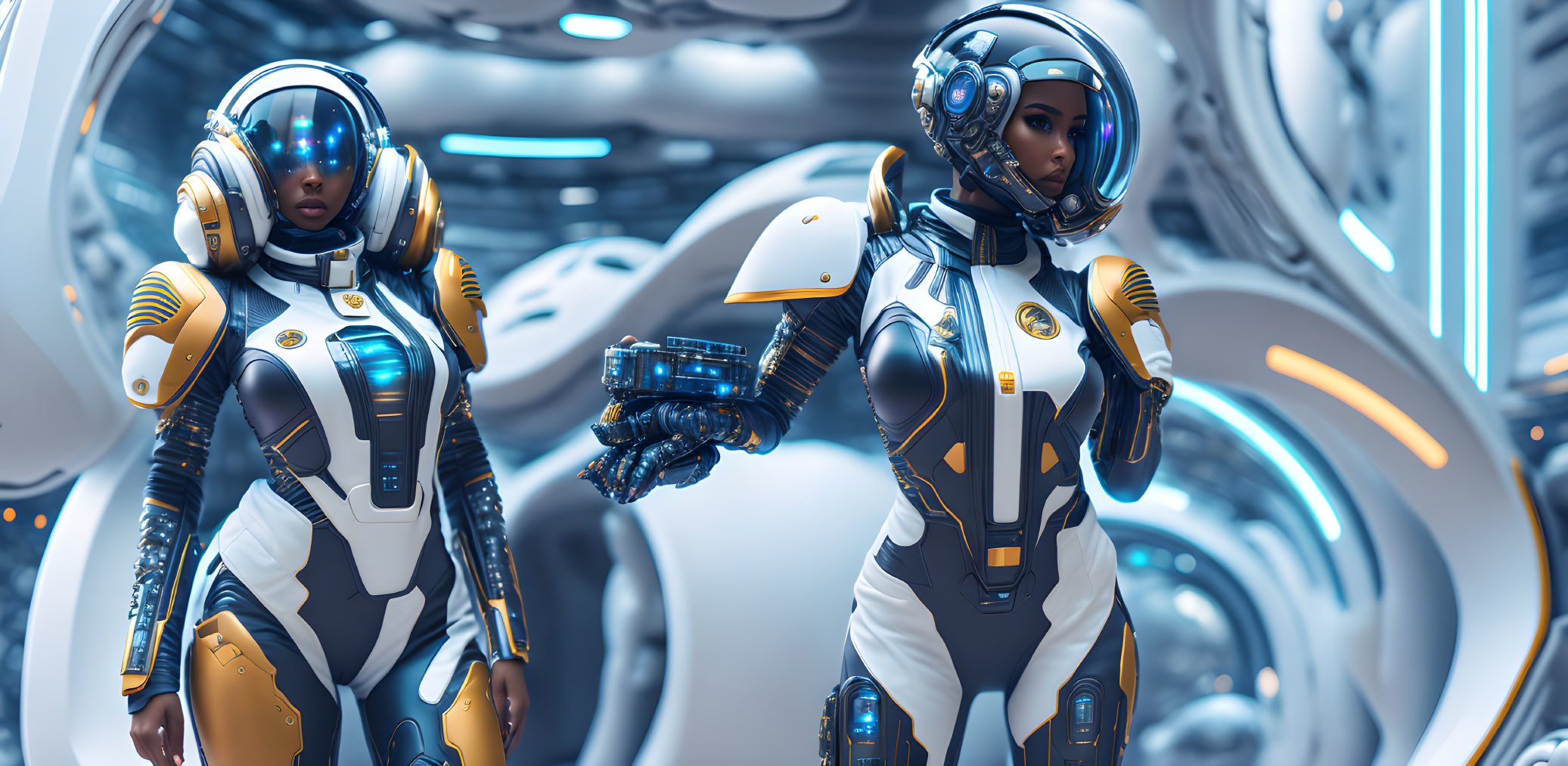 Futuristic female astronauts in white and blue space suits in spacecraft corridor