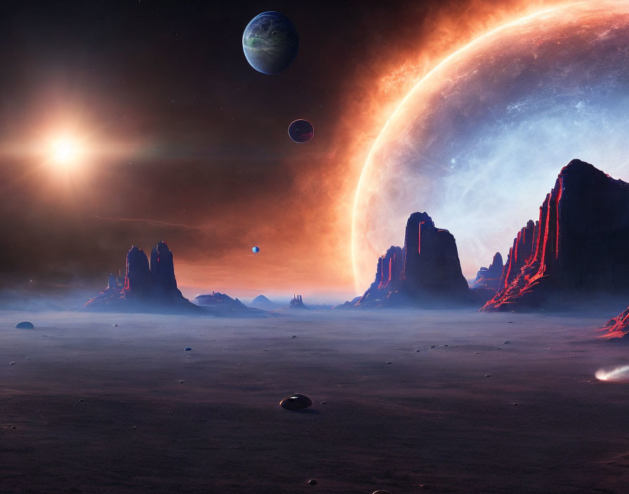 Colossal Rock Formations in Sci-Fi Landscape with Red and Blue Nebula Sky