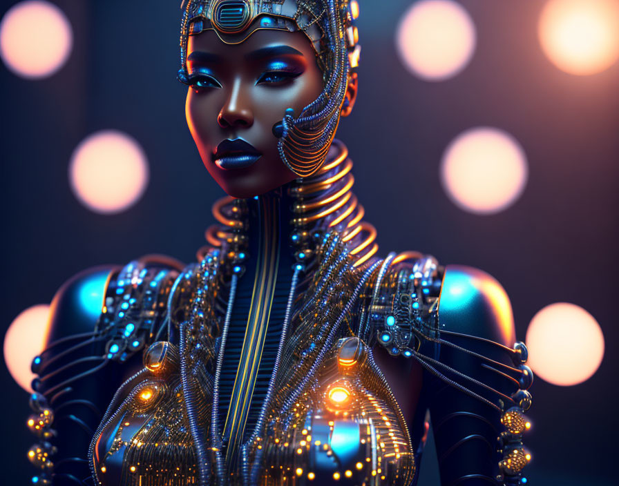 Futuristic female android with gold and black details in digital art