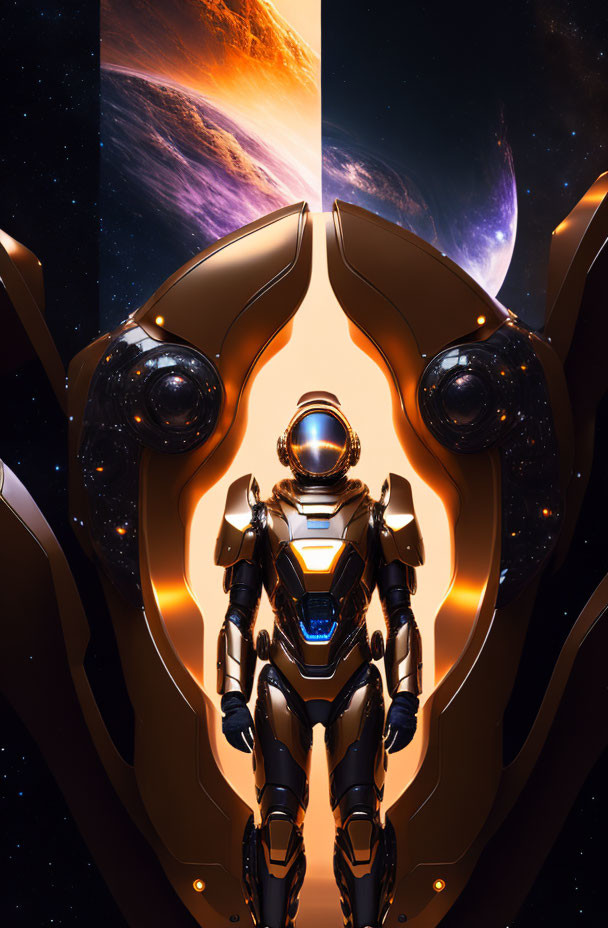 Astronaut in futuristic suit against fiery planet and starry backdrop