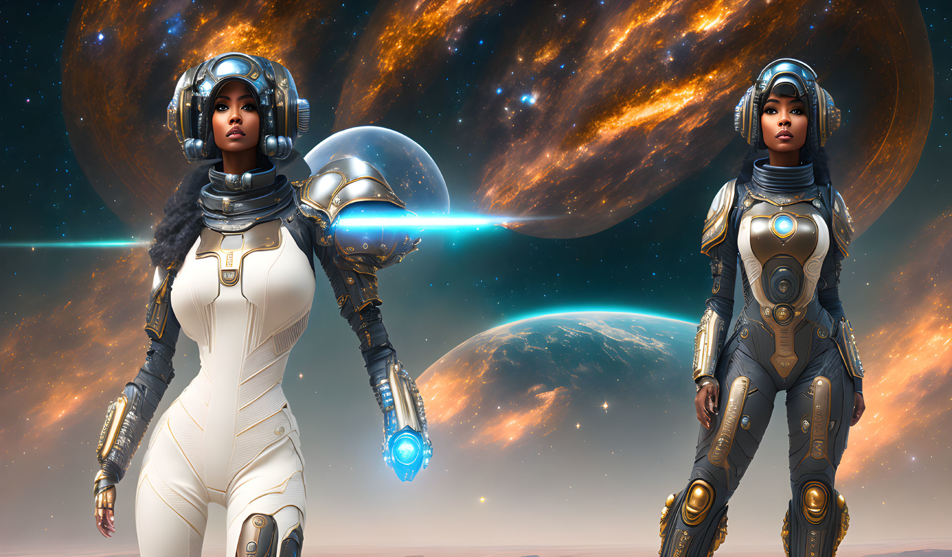 Futuristic female astronauts in sleek suits against cosmic backdrop