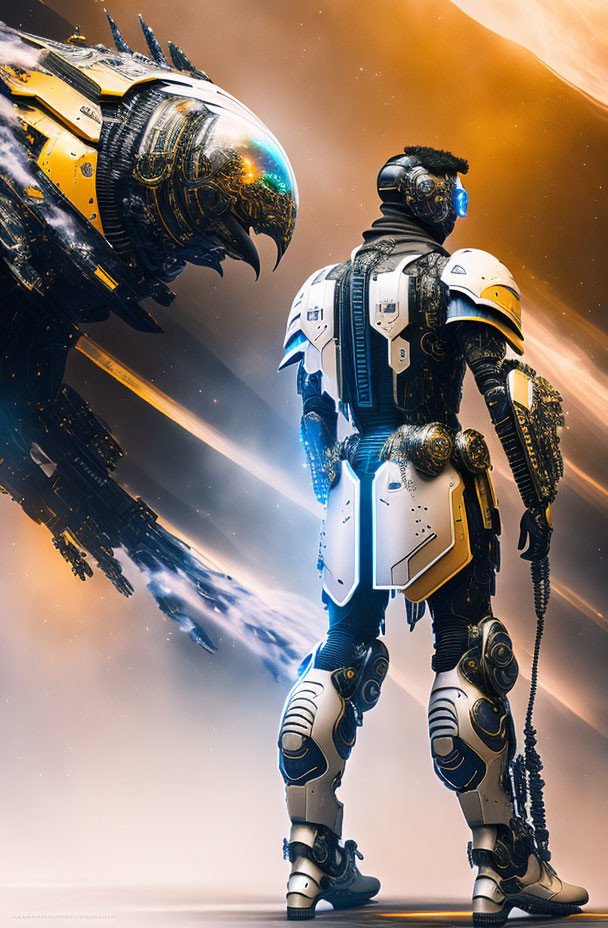 Futuristic astronaut in white and black armor gazes at spacecraft in amber cosmic backdrop