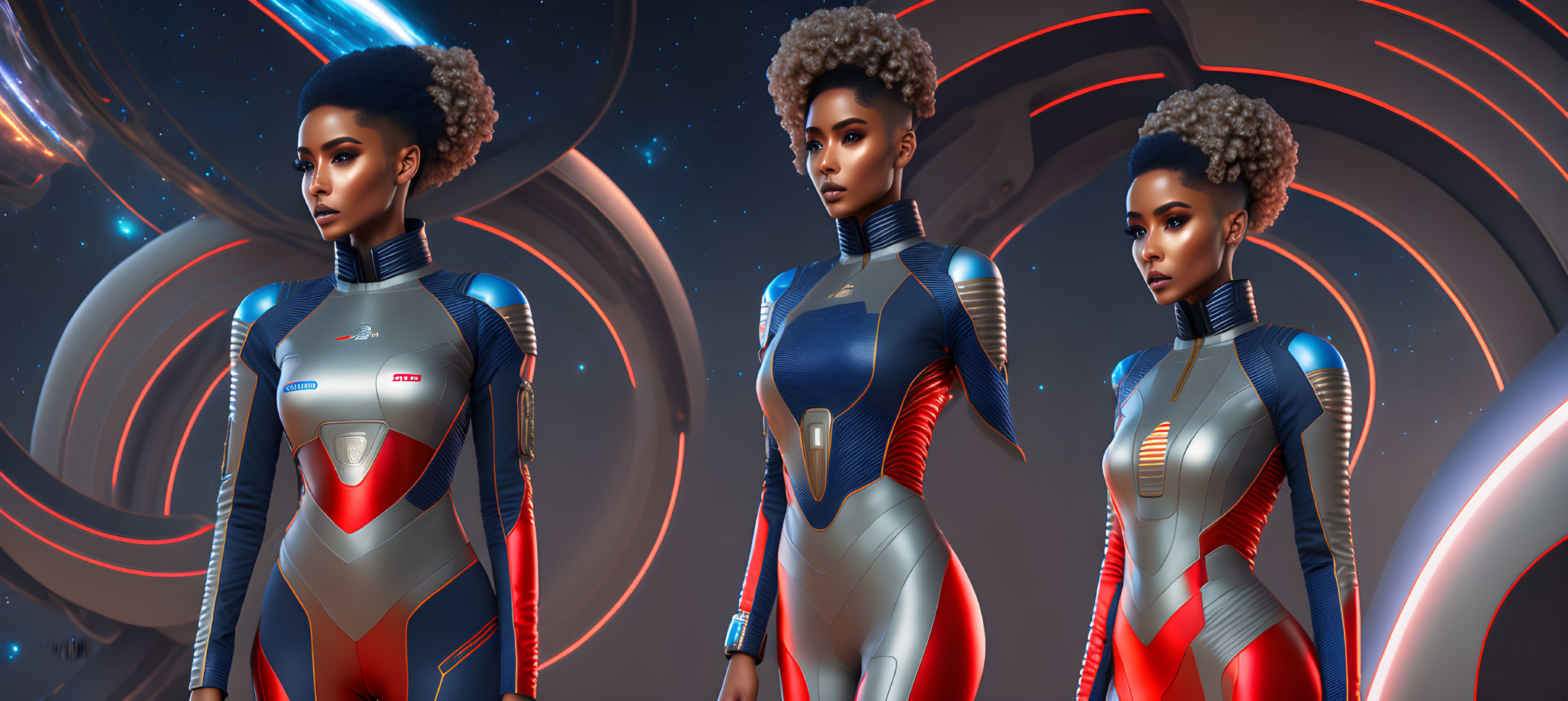 Three futuristic female warriors in sleek suits against cosmic backdrop