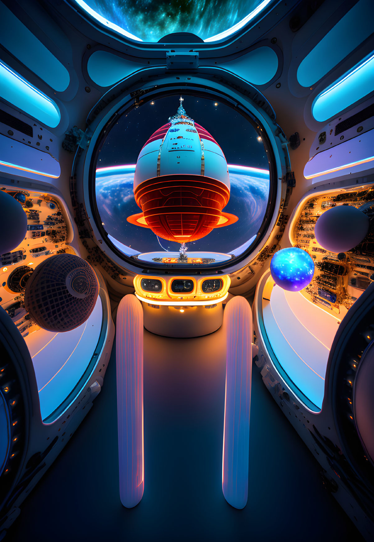 Futuristic spacecraft interior with circular window view of spaceship and glowing planet