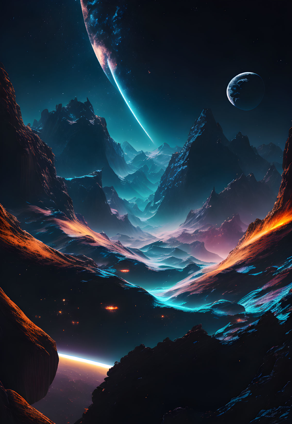 Fantastical landscape with towering mountains, glowing river, and celestial bodies