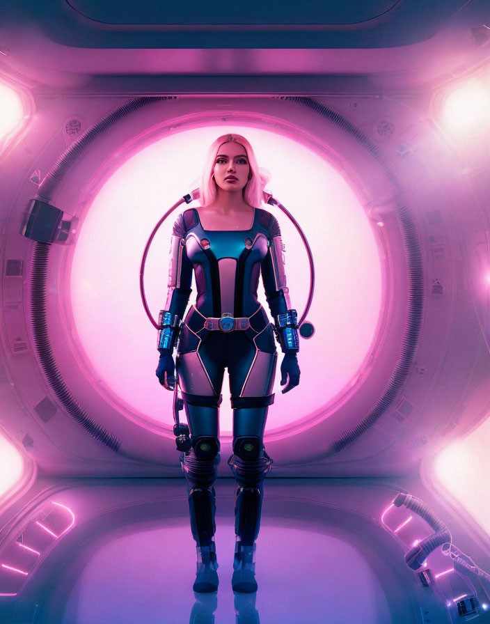 Futuristic woman in neon-lit circular corridor