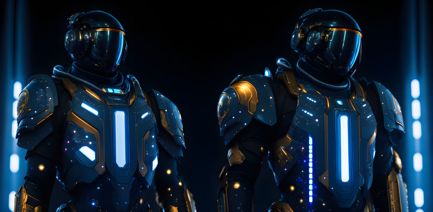 Futuristic astronauts in illuminated suits in dark setting