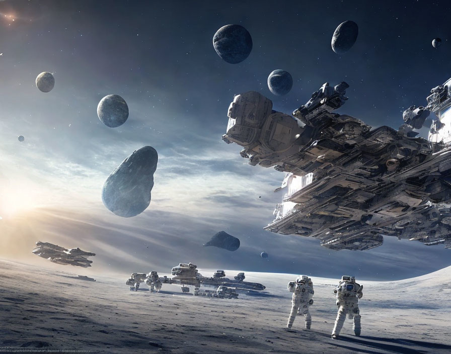 Astronauts on icy planet watch futuristic spaceships with floating rocks & distant planets