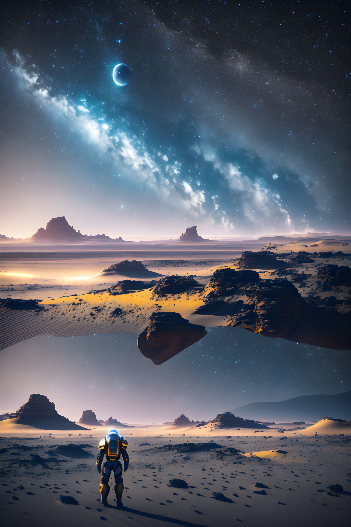 Astronaut exploring alien desert landscape under starry sky