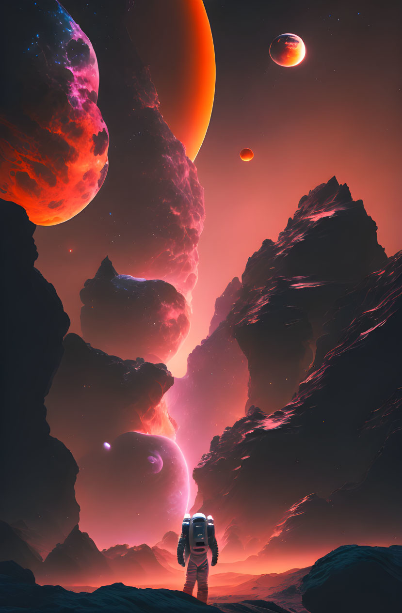 Astronaut on rocky alien terrain under red and purple nebula