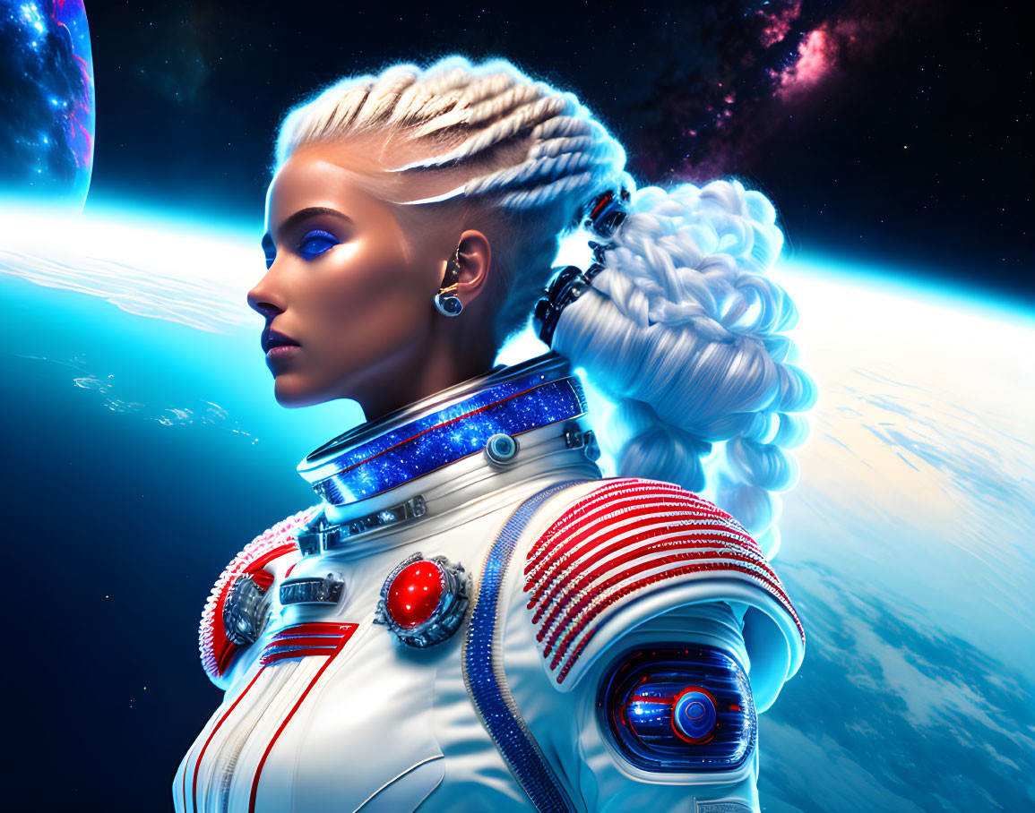 Futuristic woman in detailed red and white space suit gazes at cosmos from Earth's horizon