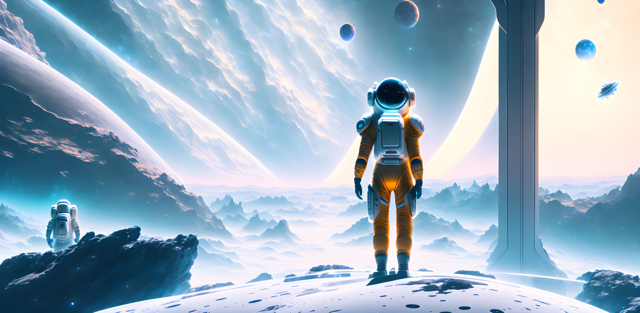 Astronaut on rocky alien planet gazes at star-filled sky