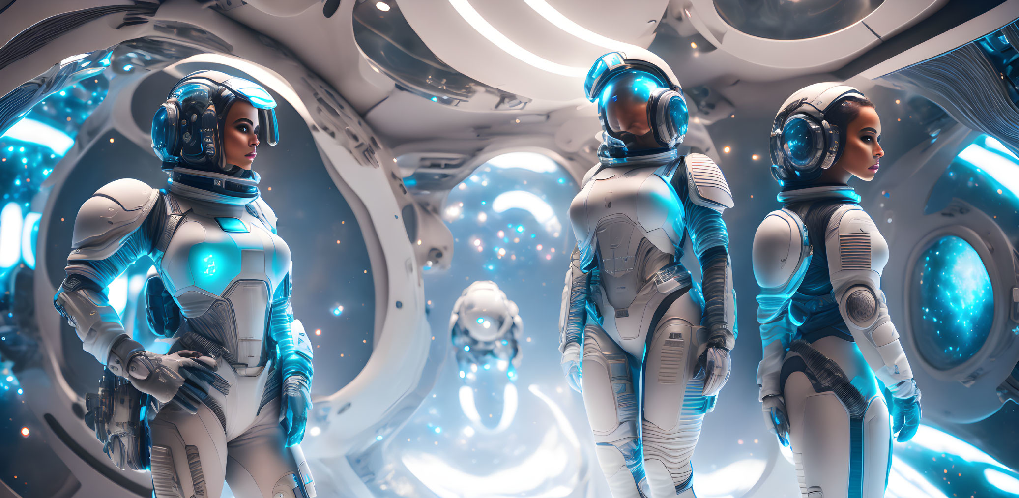 Futuristic space station scene with astronauts, robot, and cosmic view.