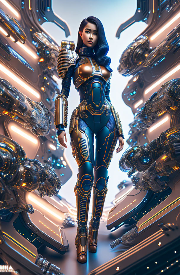 Futuristic female character in blue and orange suit with helmet and mechanical structures