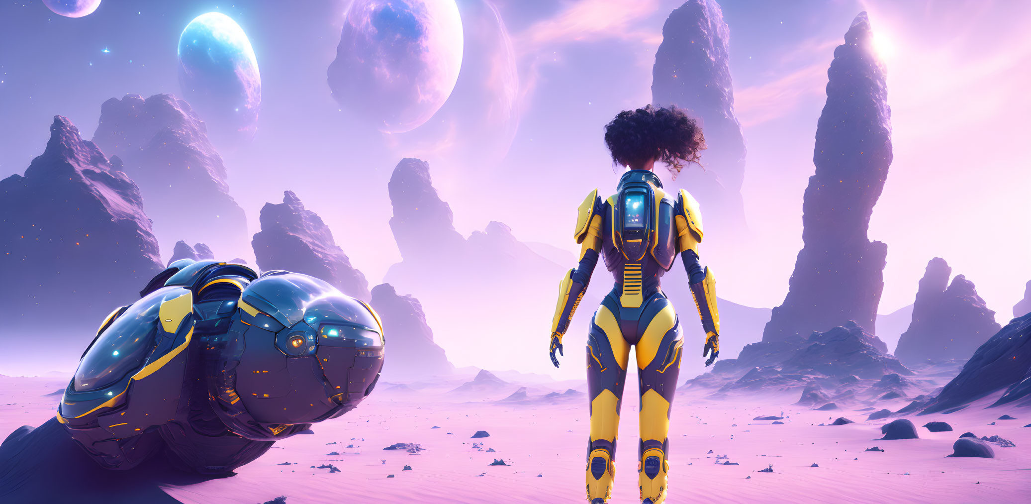 Futuristic yellow suit figure on pink alien landscape with rock formations