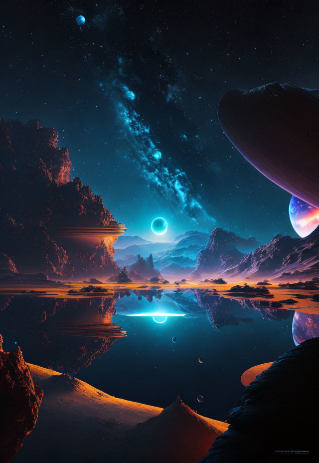 Vibrant sci-fi landscape with planets and alien sky