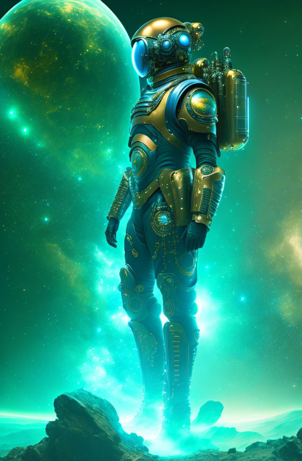 Detailed Golden-Blue Astronaut on Rocky Surface with Green Moon