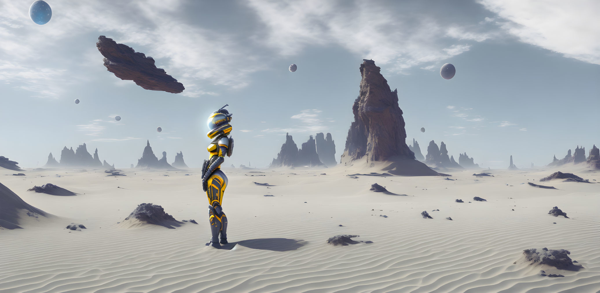 Futuristic figure in yellow and black suit on alien planet with floating rocks and spires