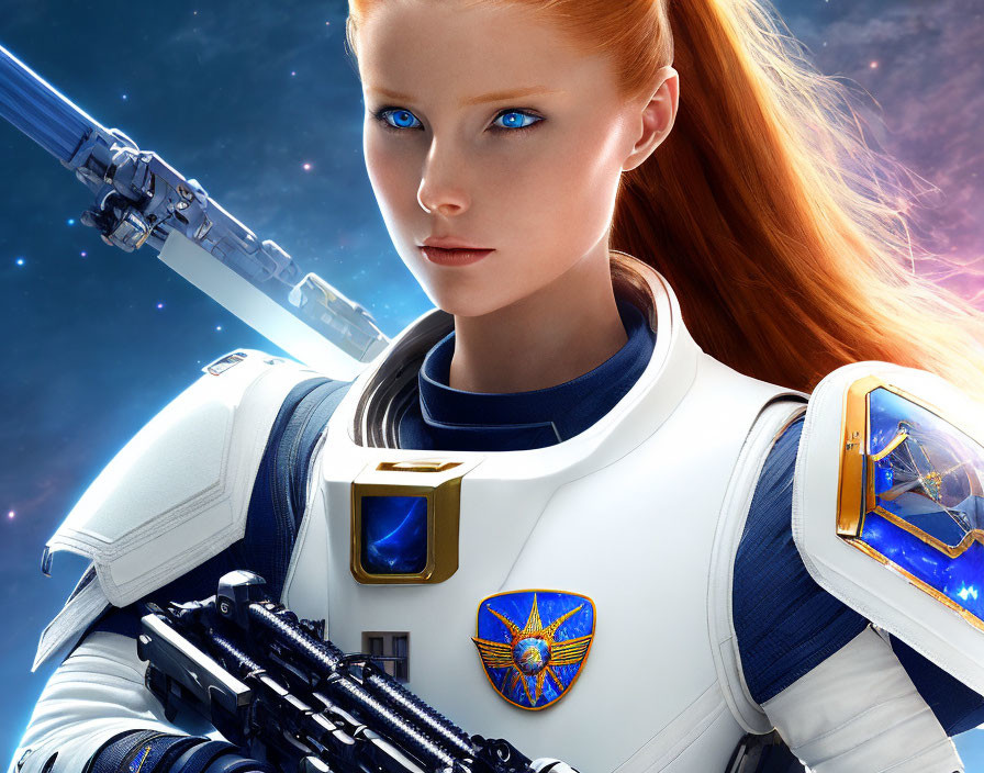 Red-haired female in white spacesuit wields gun and sword in space.