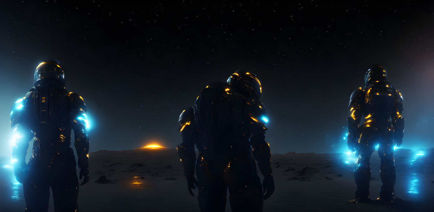 Three astronauts in glowing suits on alien planet at night