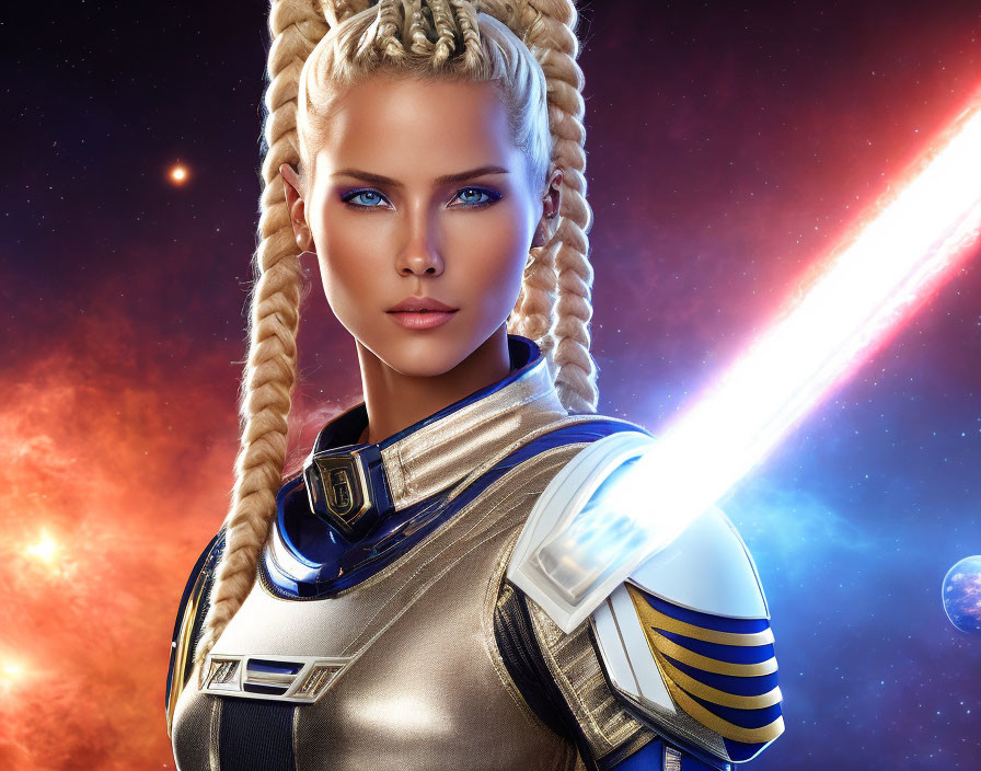 Female warrior with braided hair and glowing sword in cosmic setting