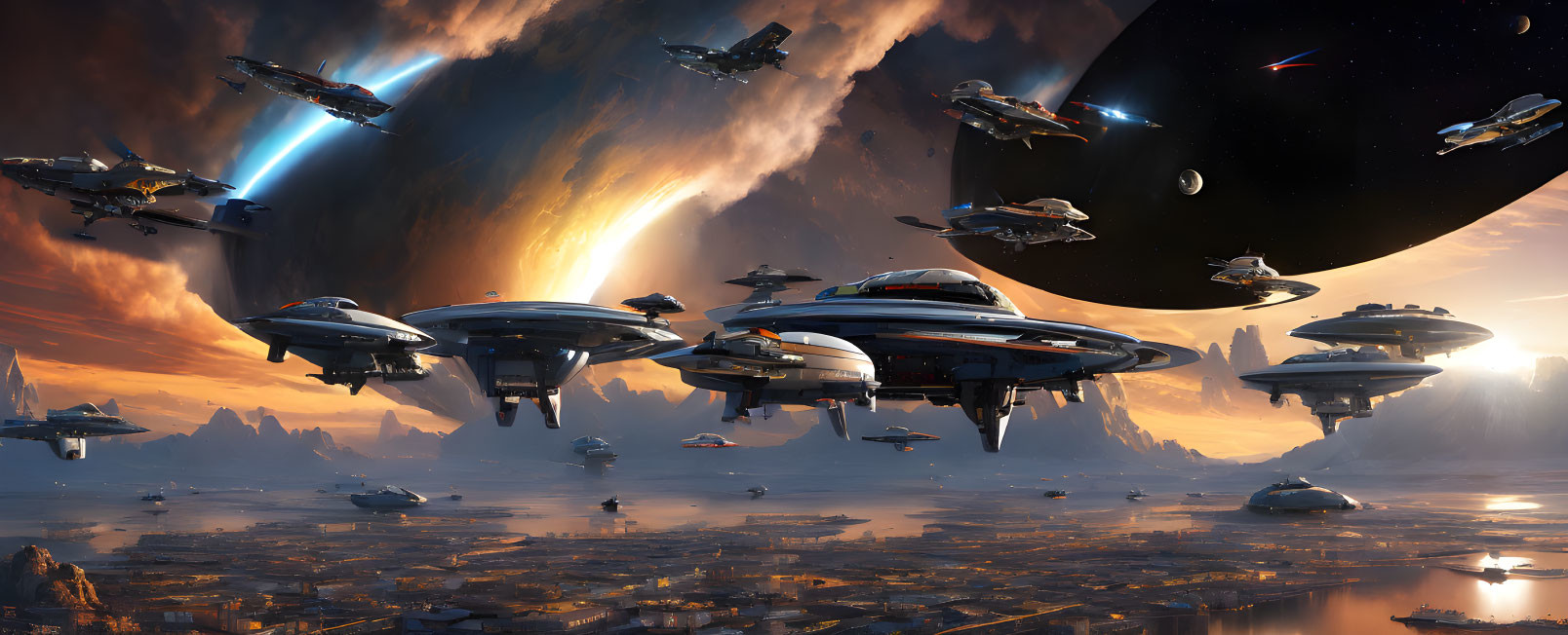 Futuristic spaceships soar over alien landscape with towering structures