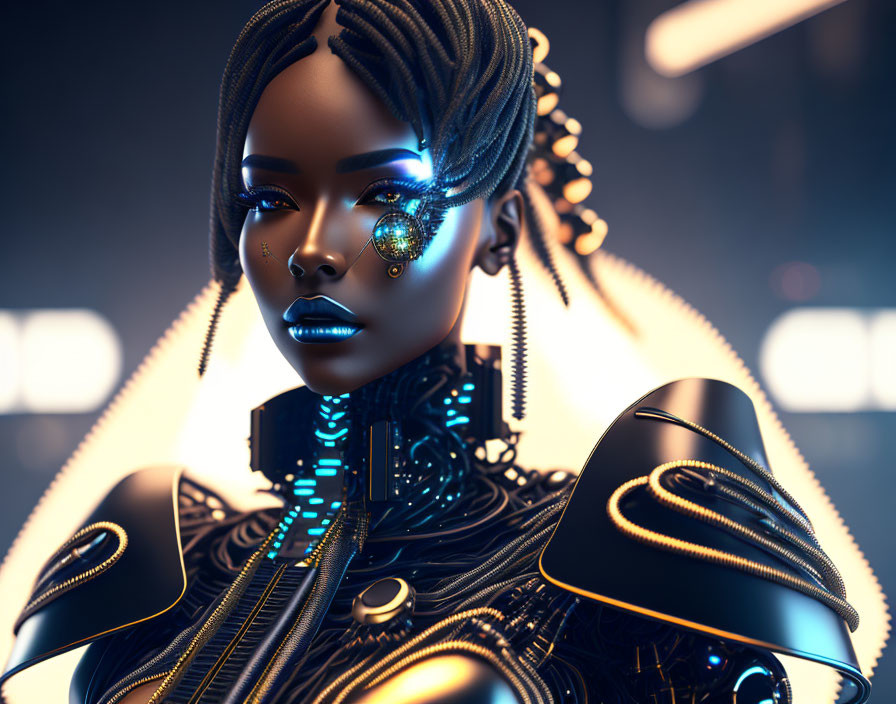 Detailed 3D illustration: Female android with braids, cybernetic eyes, black armor &