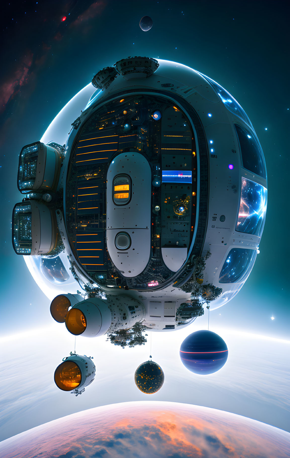 Futuristic spherical spaceship orbits planet with docking ports