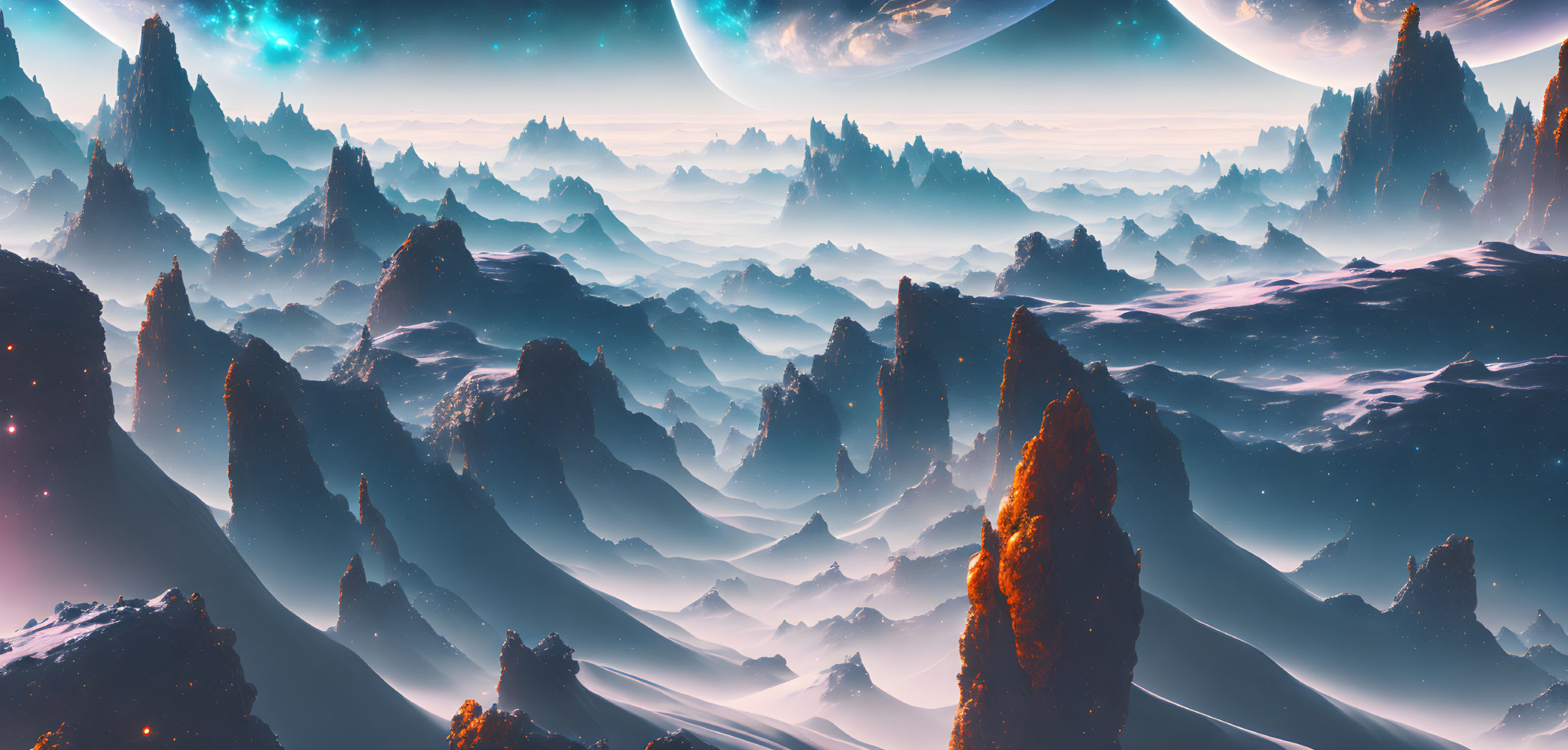 Fantastical landscape with jagged peaks and multiple moons in cool colors