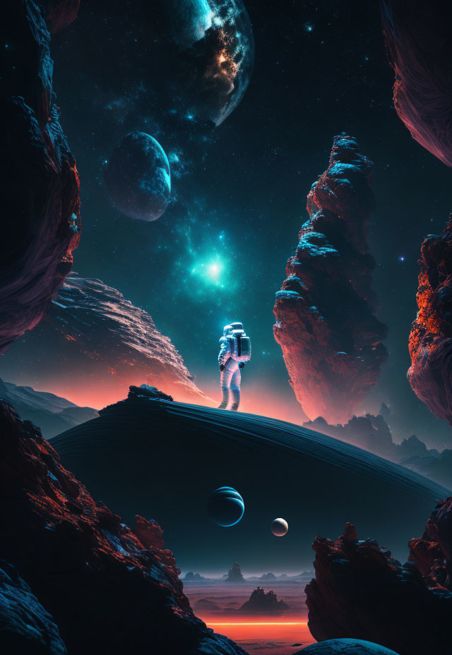 Astronaut on alien planet with rock formations, glowing horizon, and multiple moons in starlit sky