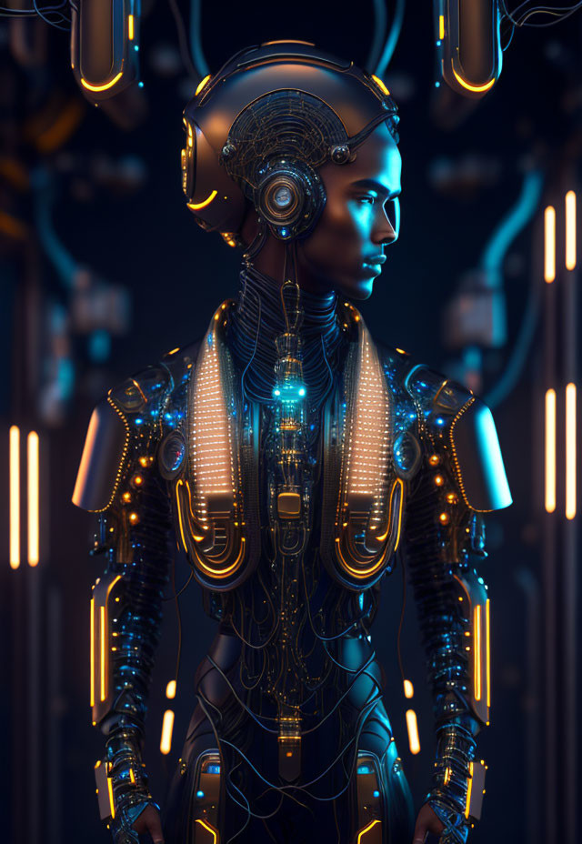 Futuristic robot with human-like features and illuminated circuits