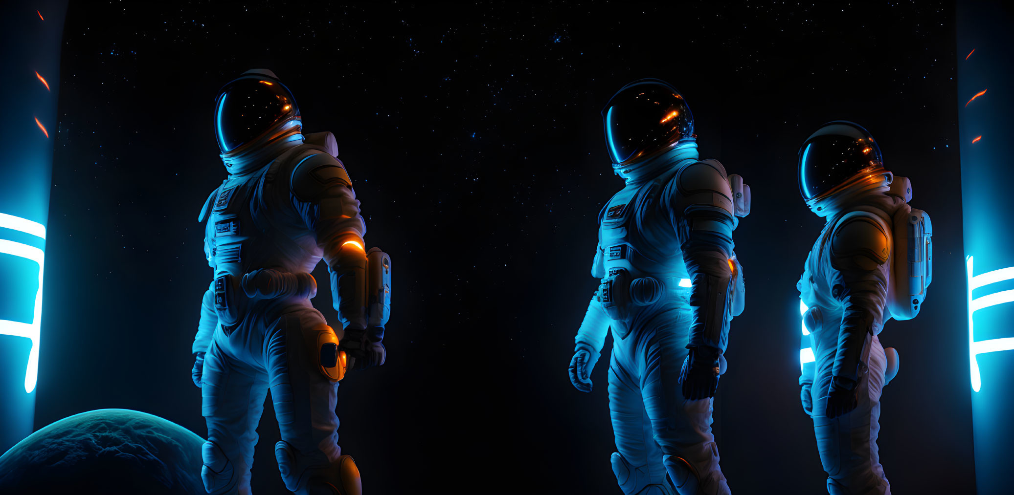 Three astronauts in futuristic suits against cosmic backdrop with stars and planet.