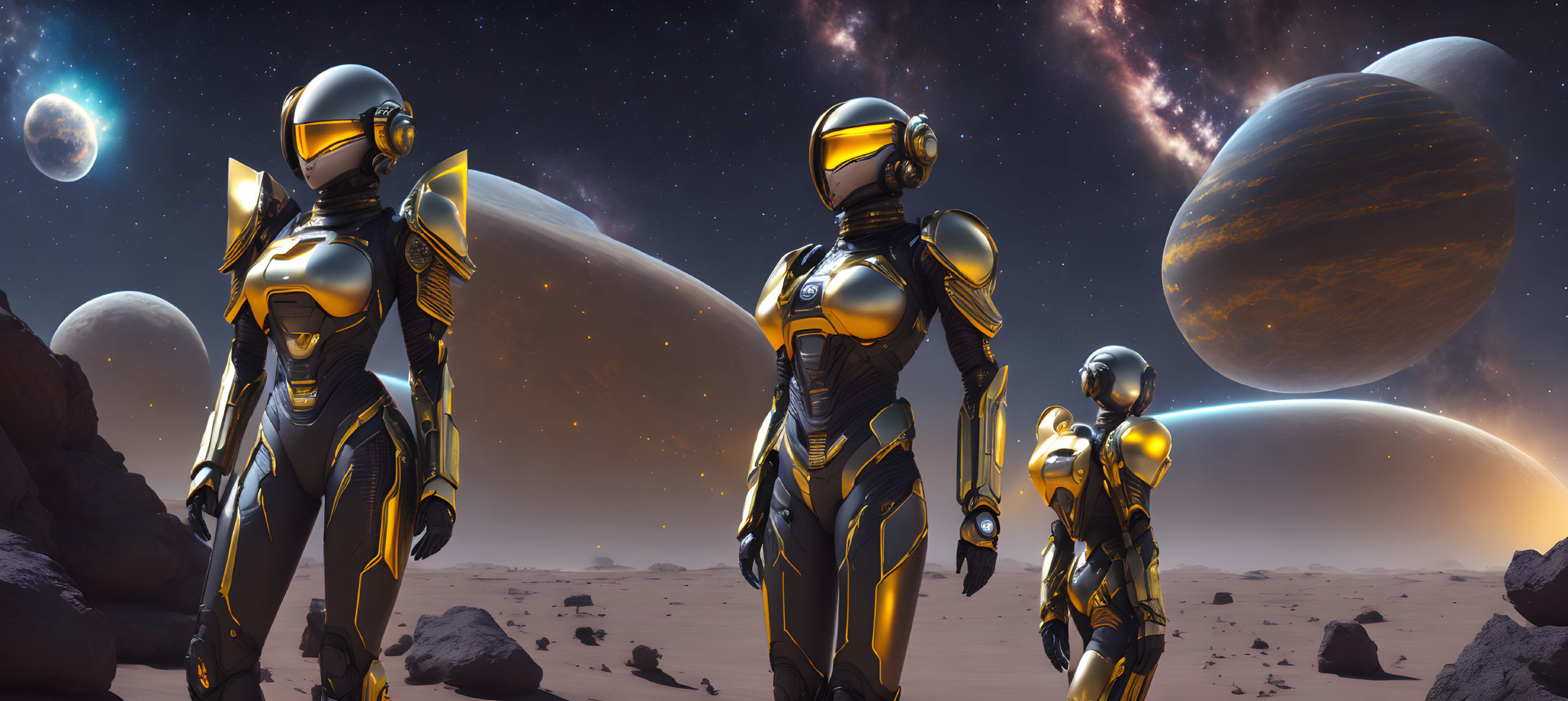 Futuristic astronauts in black and yellow suits explore alien desert landscape