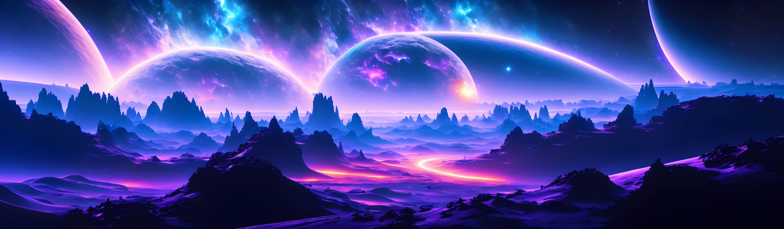 Sci-fi landscape with planets, nebulae, pink terrain, starry sky