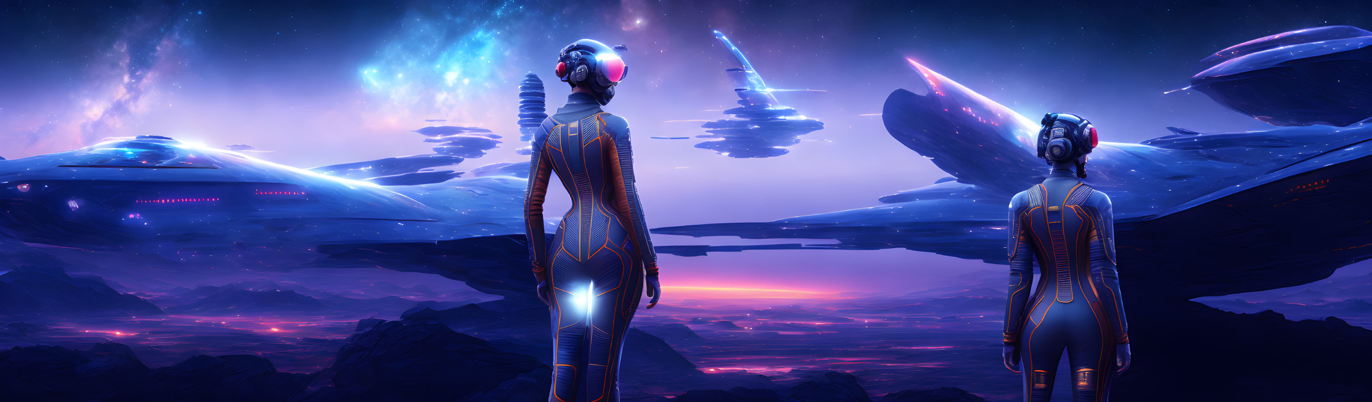 Futuristic humanoids admire starry sky on alien terrain