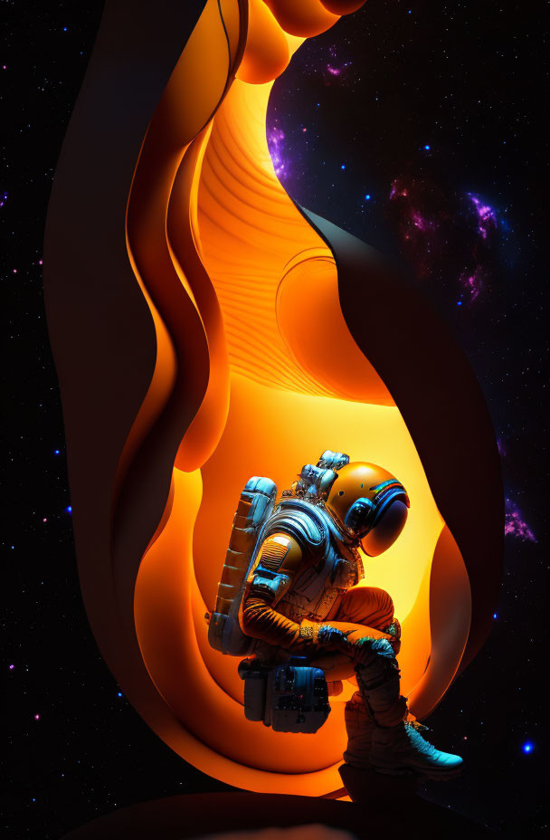 Astronaut in spacesuit against swirling orange and black cosmic backdrop