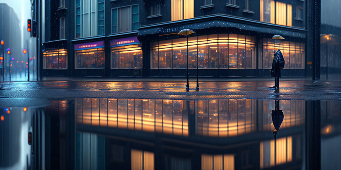 Night scene: Figure with umbrella in rain before city building.