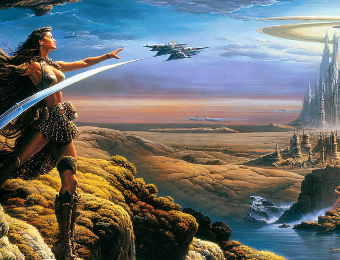 Warrior woman in futuristic landscape with spaceships and waterfalls