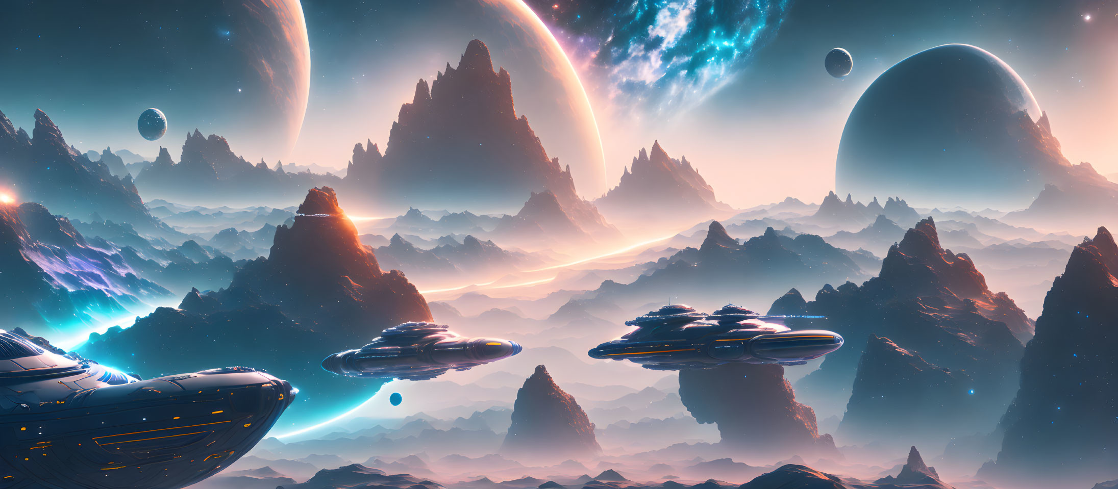 Sci-fi landscape with spaceships, floating mountains, planets, and starry sky