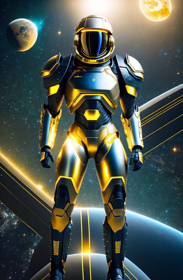 Futuristic astronaut in space suit with cosmic background