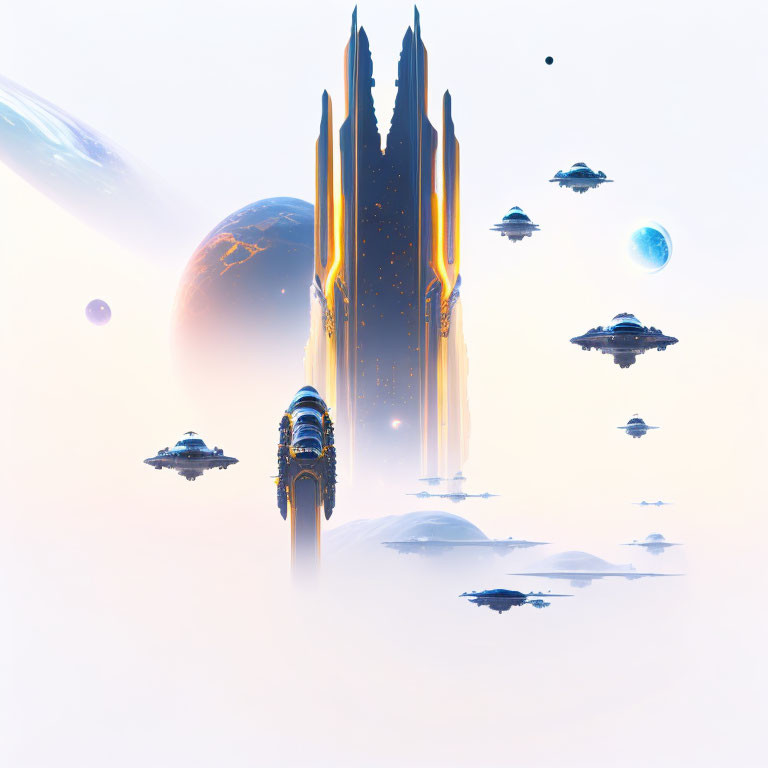 Futuristic cityscape with towering spires and floating structures against celestial backdrop