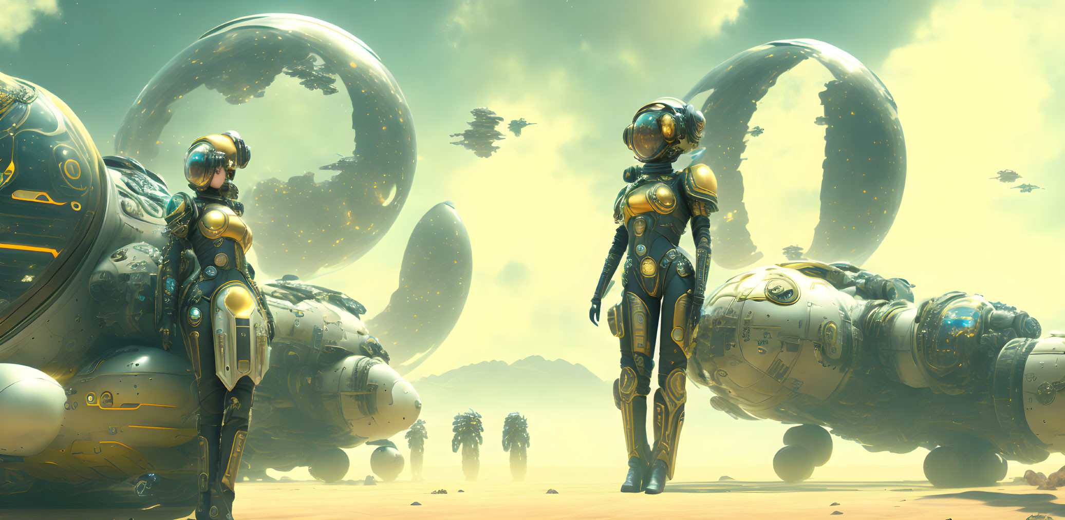 Futuristic individuals in armor suits in desert with spherical structures