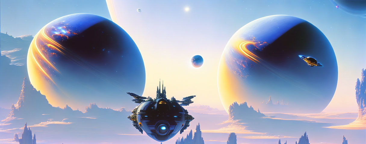 Sci-fi landscape with spacecraft, alien planets, icy mountains, starlit sky