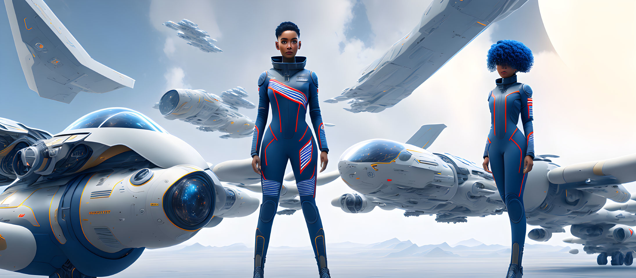 Futuristic individuals with spacecrafts under blue sky