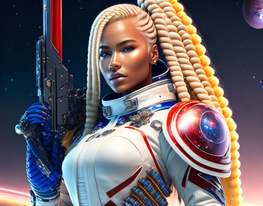 Futuristic female space warrior with braided hair in white and red suit holding advanced rifle