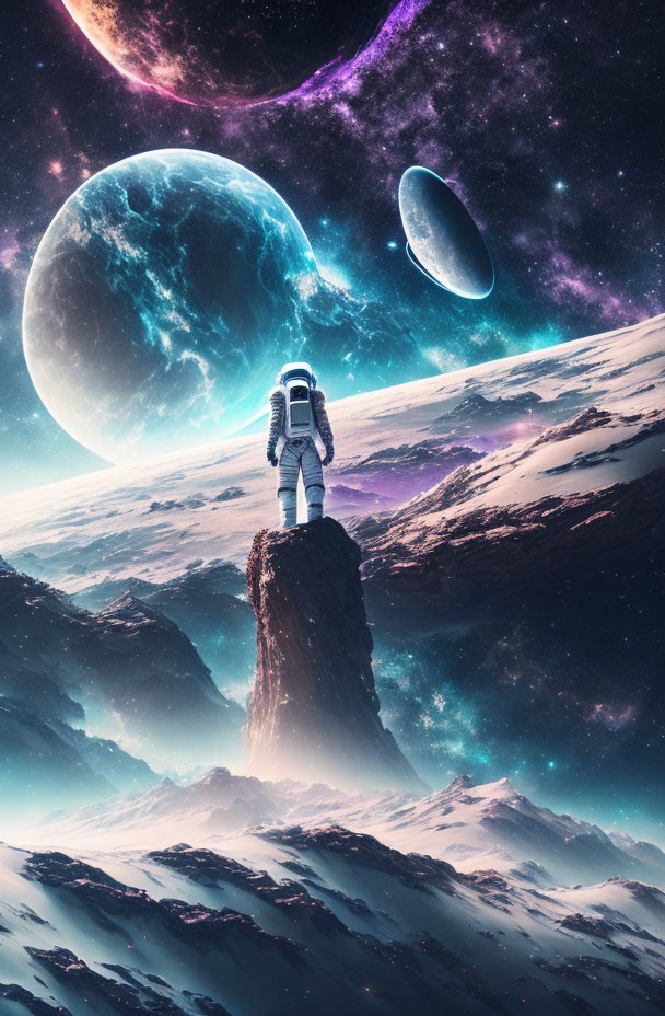 Astronaut on rocky peak gazes at alien landscape with planets and nebula.